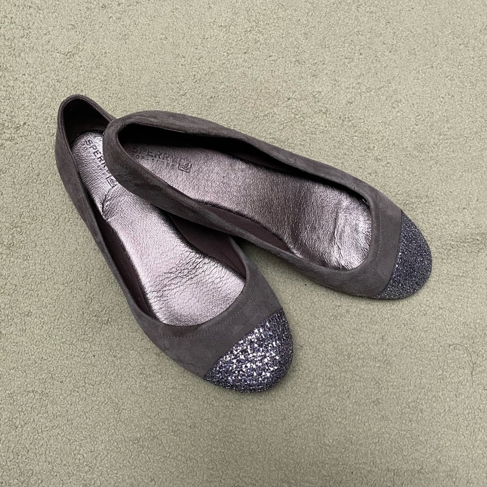 Sperry Topsider glitter grey suede ballet flats